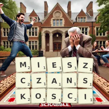 Kreatywna ilustracja do gry w Scrabble ze słowem MIESZCZANSKOSCI ułożonym z płytek na planszy.