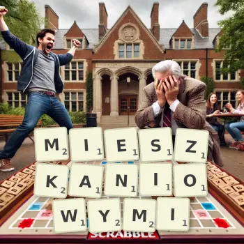 Kreatywna ilustracja do gry w Scrabble ze słowem MIESZKANIOWYMI ułożonym z płytek na planszy.