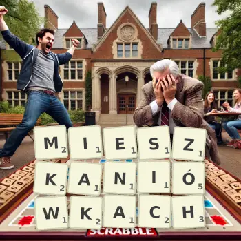 Kreatywna ilustracja do gry w Scrabble ze słowem MIESZKANIÓWKACH ułożonym z płytek na planszy.