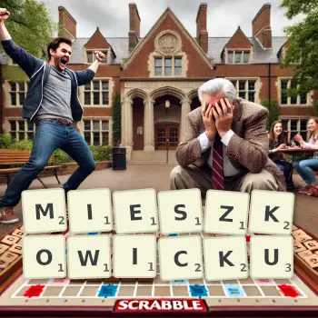 Kreatywna ilustracja do gry w Scrabble ze słowem MIESZKOWICKU ułożonym z płytek na planszy.