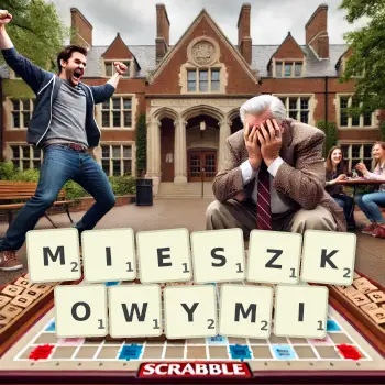 Kreatywna ilustracja do gry w Scrabble ze słowem MIESZKOWYMI ułożonym z płytek na planszy.