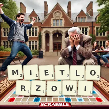 Kreatywna ilustracja do gry w Scrabble ze słowem MIETLORZOWI ułożonym z płytek na planszy.