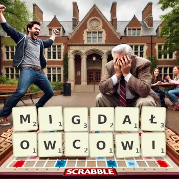 Kreatywna ilustracja do gry w Scrabble ze słowem MIGDAŁOWCOWI ułożonym z płytek na planszy.