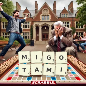 Kreatywna ilustracja do gry w Scrabble ze słowem MIGOTAMI ułożonym z płytek na planszy.