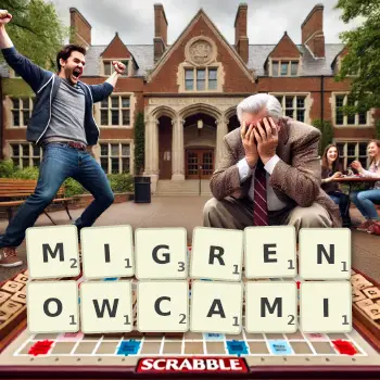 Kreatywna ilustracja do gry w Scrabble ze słowem MIGRENOWCAMI ułożonym z płytek na planszy.