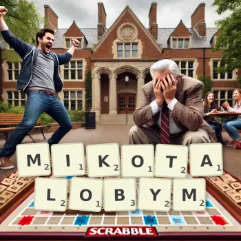 Kreatywna ilustracja do gry w Scrabble ze słowem MIKOTALOBYM ułożonym z płytek na planszy.