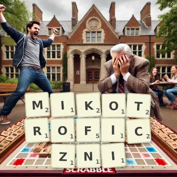 Kreatywna ilustracja do gry w Scrabble ze słowem MIKOTROFICZNI ułożonym z płytek na planszy.