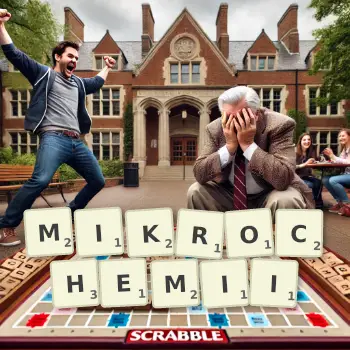 Kreatywna ilustracja do gry w Scrabble ze słowem MIKROCHEMII ułożonym z płytek na planszy.