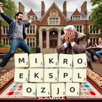 Kreatywna ilustracja do gry w Scrabble ze słowem MIKROEKSPLOZJO ułożonym z płytek na planszy.