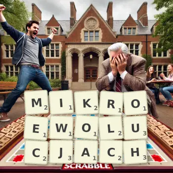 Kreatywna ilustracja do gry w Scrabble ze słowem MIKROEWOLUCJACH ułożonym z płytek na planszy.