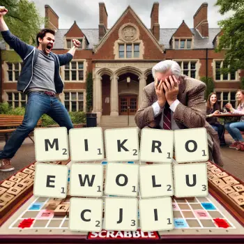 Kreatywna ilustracja do gry w Scrabble ze słowem MIKROEWOLUCJI ułożonym z płytek na planszy.