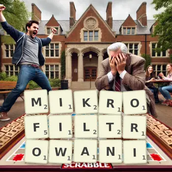 Kreatywna ilustracja do gry w Scrabble ze słowem MIKROFILTROWANI ułożonym z płytek na planszy.