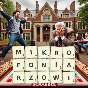 Kreatywna ilustracja do gry w Scrabble ze słowem MIKROFONIARZOWI ułożonym z płytek na planszy.