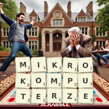 Kreatywna ilustracja do gry w Scrabble ze słowem MIKROKOMPUTERZE ułożonym z płytek na planszy.