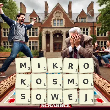 Kreatywna ilustracja do gry w Scrabble ze słowem MIKROKOSMOSOWEJ ułożonym z płytek na planszy.