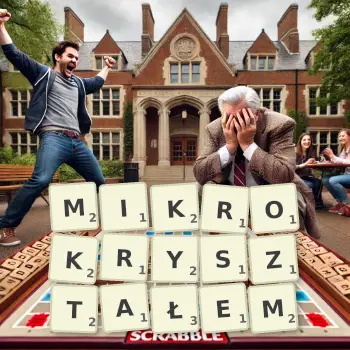 Kreatywna ilustracja do gry w Scrabble ze słowem MIKROKRYSZTAŁEM ułożonym z płytek na planszy.