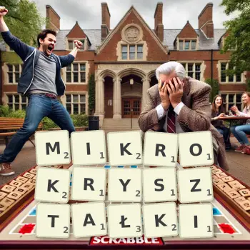 Kreatywna ilustracja do gry w Scrabble ze słowem MIKROKRYSZTAŁKI ułożonym z płytek na planszy.