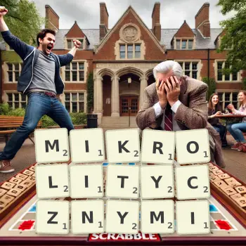 Kreatywna ilustracja do gry w Scrabble ze słowem MIKROLITYCZNYMI ułożonym z płytek na planszy.