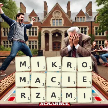 Kreatywna ilustracja do gry w Scrabble ze słowem MIKROMACIERZAMI ułożonym z płytek na planszy.