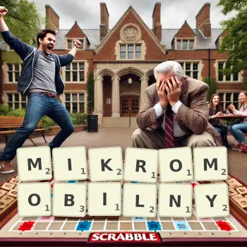 Kreatywna ilustracja do gry w Scrabble ze słowem MIKROMOBILNY ułożonym z płytek na planszy.