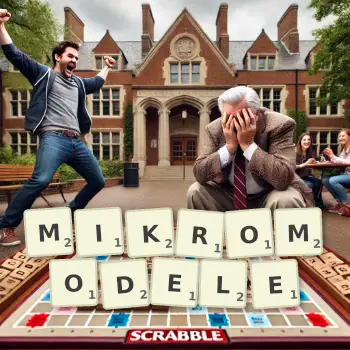 Kreatywna ilustracja do gry w Scrabble ze słowem MIKROMODELE ułożonym z płytek na planszy.