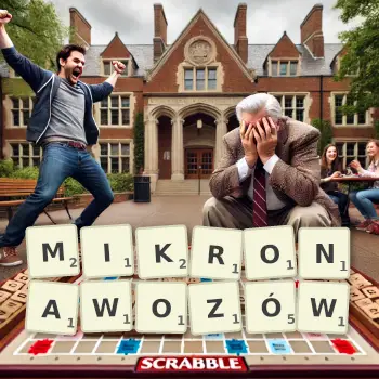 Kreatywna ilustracja do gry w Scrabble ze słowem MIKRONAWOZÓW ułożonym z płytek na planszy.