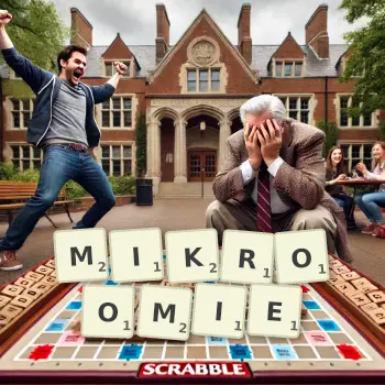 Kreatywna ilustracja do gry w Scrabble ze słowem MIKROOMIE ułożonym z płytek na planszy.