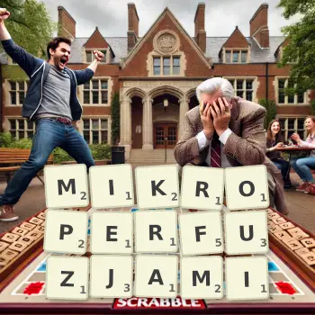 Kreatywna ilustracja do gry w Scrabble ze słowem MIKROPERFUZJAMI ułożonym z płytek na planszy.