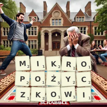 Kreatywna ilustracja do gry w Scrabble ze słowem MIKROPOŻYCZKOWI ułożonym z płytek na planszy.