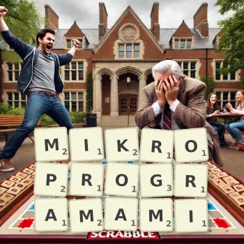 Kreatywna ilustracja do gry w Scrabble ze słowem MIKROPROGRAMAMI ułożonym z płytek na planszy.