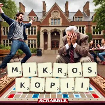 Kreatywna ilustracja do gry w Scrabble ze słowem MIKROSKOPII ułożonym z płytek na planszy.