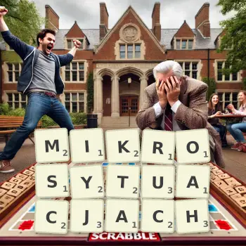 Kreatywna ilustracja do gry w Scrabble ze słowem MIKROSYTUACJACH ułożonym z płytek na planszy.