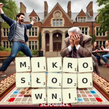 Kreatywna ilustracja do gry w Scrabble ze słowem MIKROSŁODOWNI ułożonym z płytek na planszy.