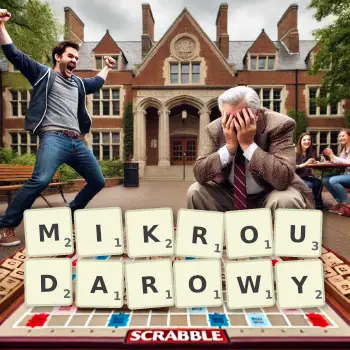 Kreatywna ilustracja do gry w Scrabble ze słowem MIKROUDAROWY ułożonym z płytek na planszy.