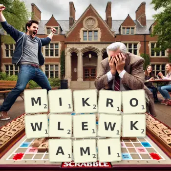 Kreatywna ilustracja do gry w Scrabble ze słowem MIKROWLEWKAMI ułożonym z płytek na planszy.
