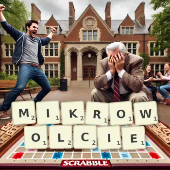 Kreatywna ilustracja do gry w Scrabble ze słowem MIKROWOLCIE ułożonym z płytek na planszy.