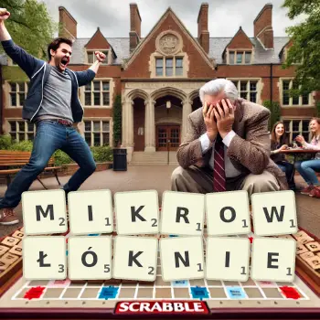 Kreatywna ilustracja do gry w Scrabble ze słowem MIKROWŁÓKNIE ułożonym z płytek na planszy.