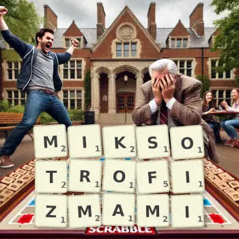 Kreatywna ilustracja do gry w Scrabble ze słowem MIKSOTROFIZMAMI ułożonym z płytek na planszy.