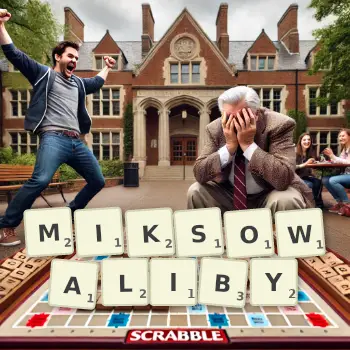 Kreatywna ilustracja do gry w Scrabble ze słowem MIKSOWALIBY ułożonym z płytek na planszy.