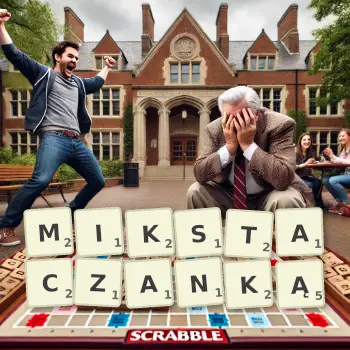 Kreatywna ilustracja do gry w Scrabble ze słowem MIKSTACZANKĄ ułożonym z płytek na planszy.