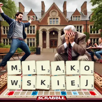 Kreatywna ilustracja do gry w Scrabble ze słowem MILAKOWSKIEJ ułożonym z płytek na planszy.