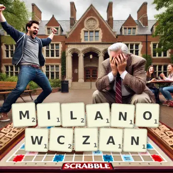 Kreatywna ilustracja do gry w Scrabble ze słowem MILANOWCZAN ułożonym z płytek na planszy.