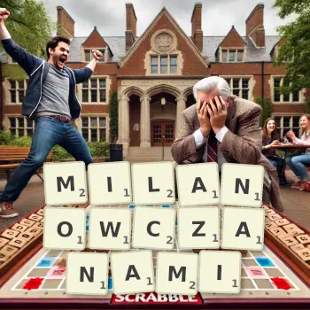 Kreatywna ilustracja do gry w Scrabble ze słowem MILANOWCZANAMI ułożonym z płytek na planszy.