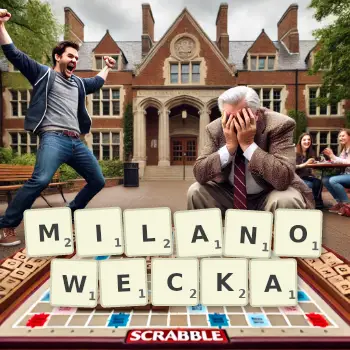 Kreatywna ilustracja do gry w Scrabble ze słowem MILANOWECKA ułożonym z płytek na planszy.