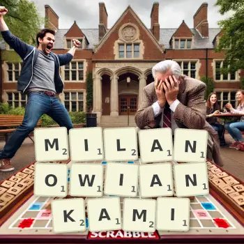 Kreatywna ilustracja do gry w Scrabble ze słowem MILANOWIANKAMI ułożonym z płytek na planszy.