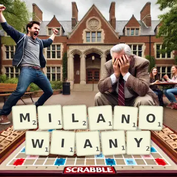 Kreatywna ilustracja do gry w Scrabble ze słowem MILANOWIANY ułożonym z płytek na planszy.