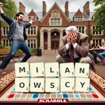 Kreatywna ilustracja do gry w Scrabble ze słowem MILANOWSCY ułożonym z płytek na planszy.