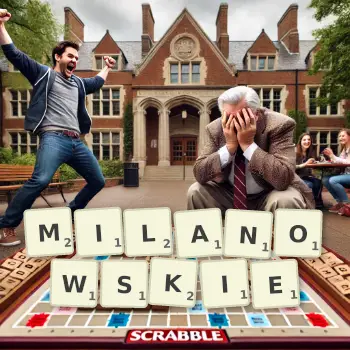 Kreatywna ilustracja do gry w Scrabble ze słowem MILANOWSKIE ułożonym z płytek na planszy.