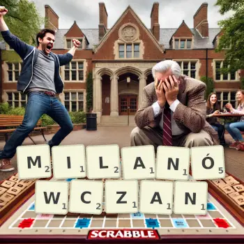 Kreatywna ilustracja do gry w Scrabble ze słowem MILANÓWCZAN ułożonym z płytek na planszy.