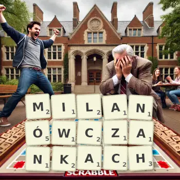 Kreatywna ilustracja do gry w Scrabble ze słowem MILANÓWCZANKACH ułożonym z płytek na planszy.